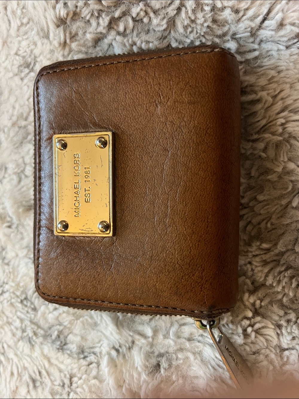 Michael Kors Brown Leather Zip Card Holder with Gold Plaque